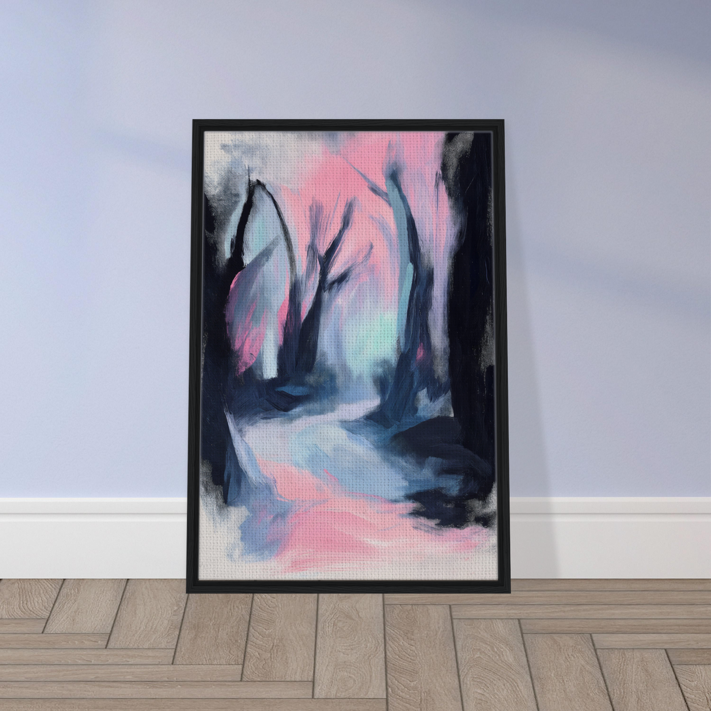 Framed abstract painting of a misty forest in pink and blue for Dreamscape Wanderlust Enchantment