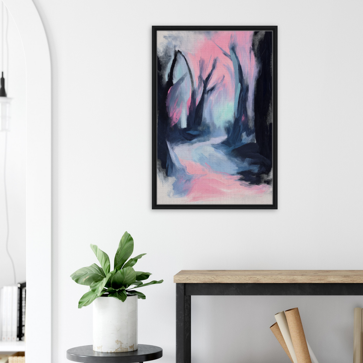 Framed abstract painting of a misty forest in pastel colors for Dreamscape Wanderlust Enchantment