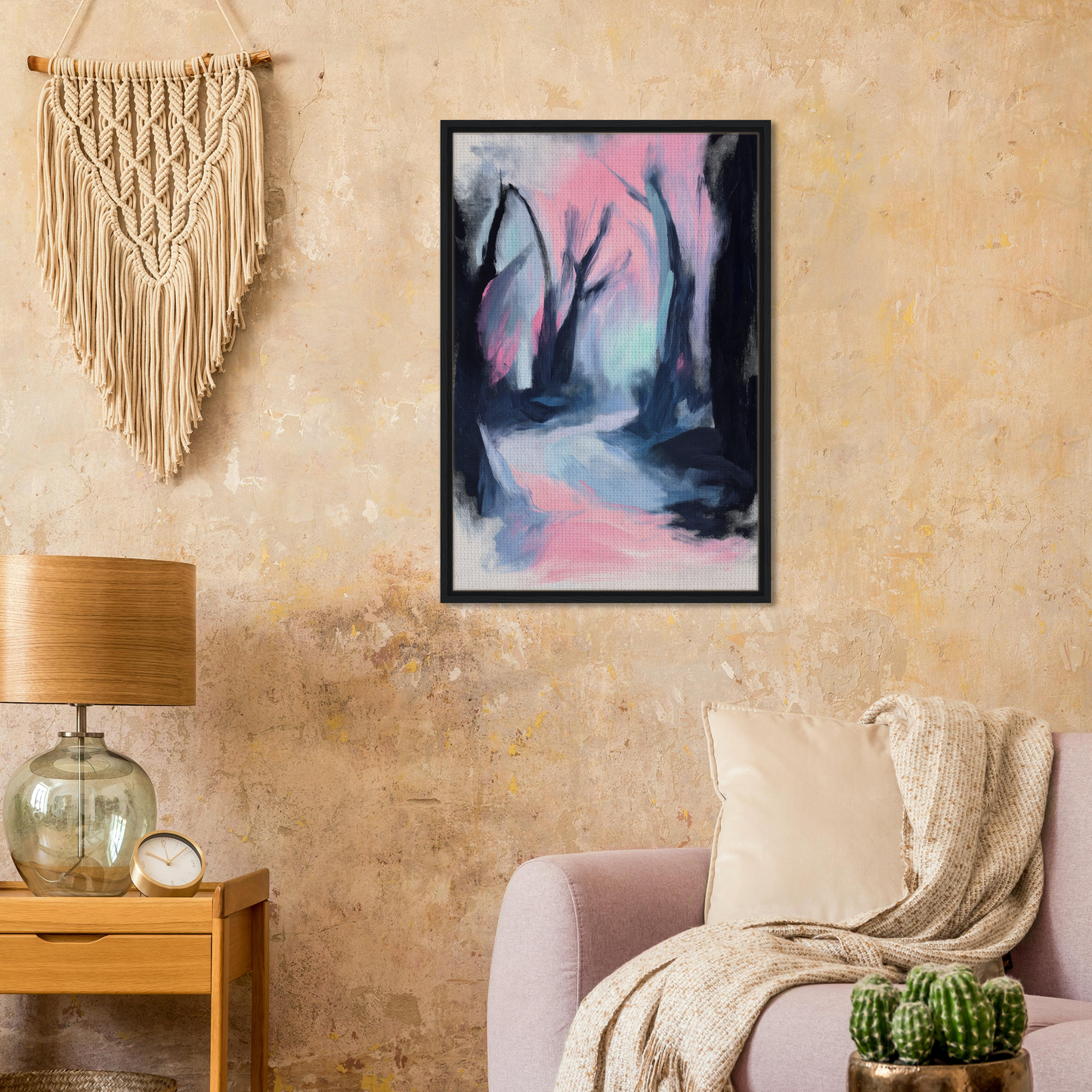 Framed painting of a misty forest path in pink and blue hues, Dreamscape Wanderlust Enchantment