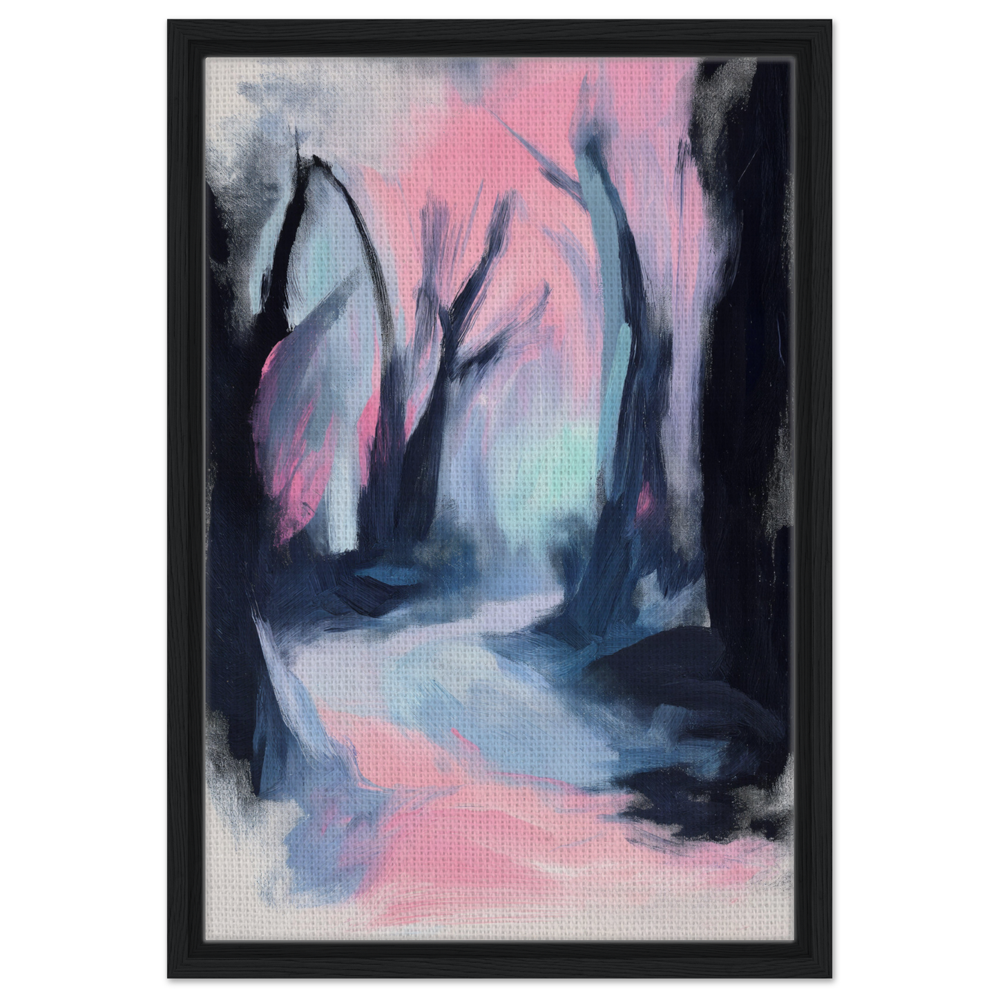 Abstract painting of a misty forest path in pink and blue for Dreamscape Wanderlust Enchantment