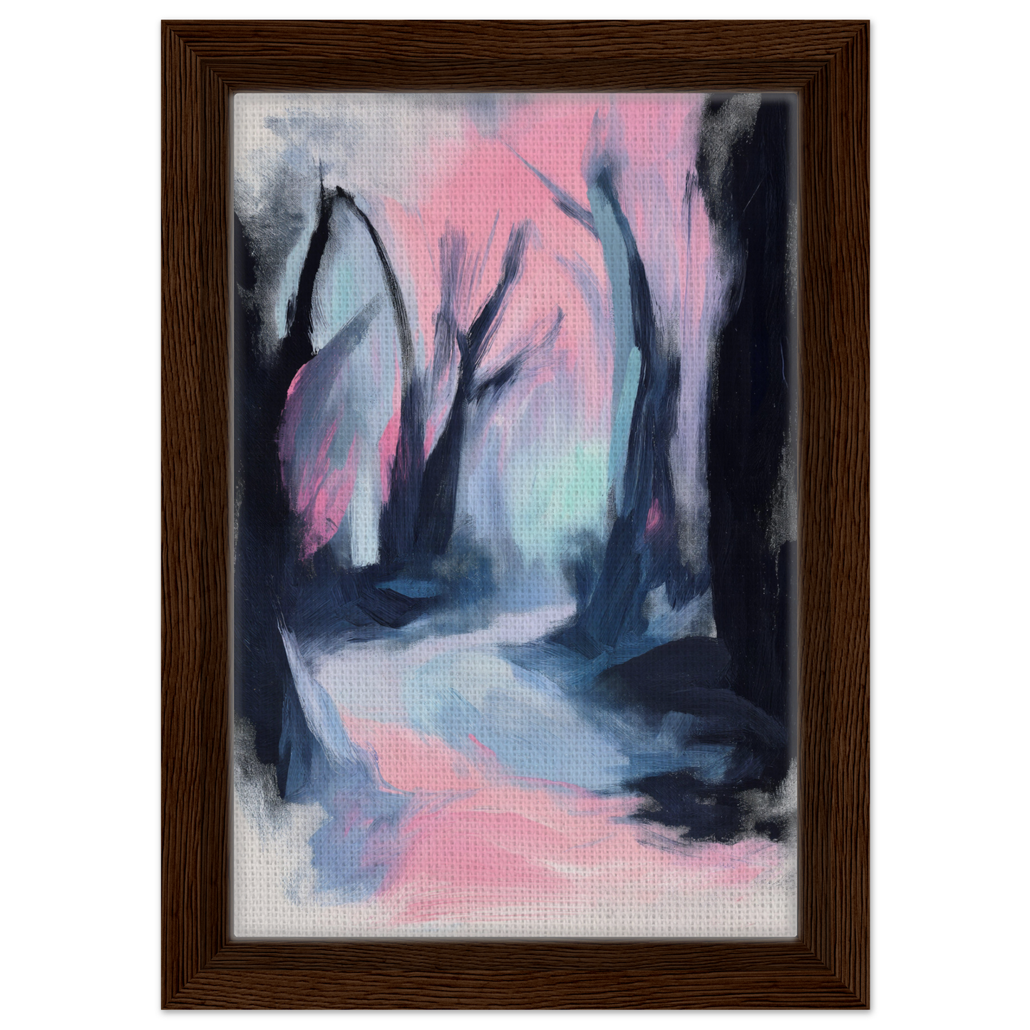 Abstract painting of a misty forest path in pink and blue for Dreamscape Wanderlust Enchantment