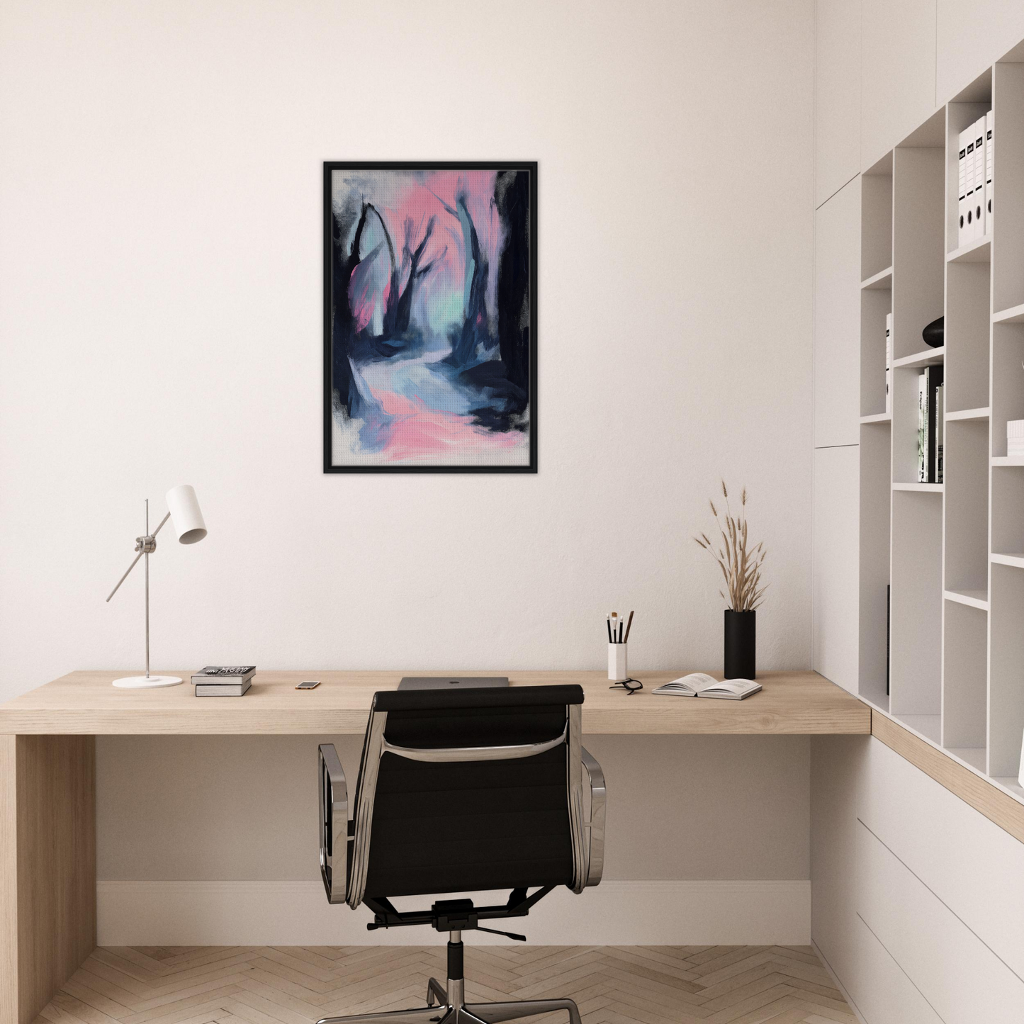 Minimalist home office featuring Dreamscape Wanderlust Enchantment artwork on display