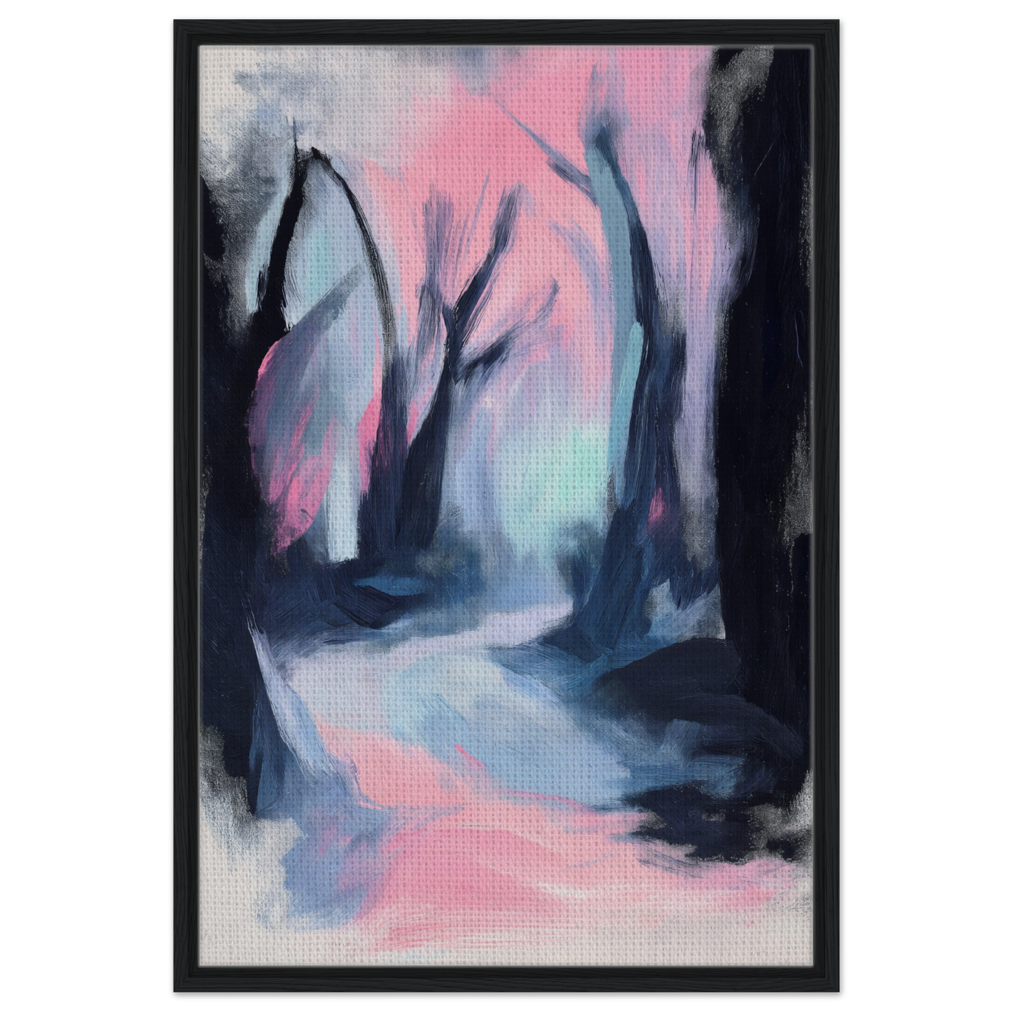 Abstract painting of a misty forest path in pink and blue for Dreamscape Wanderlust Enchantment