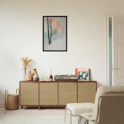 Wooden sideboard with cane-webbed doors and decor atop Dreamwave Forest Gossamer