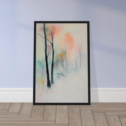 Framed abstract watercolor painting of trees in muted pastels, Dreamwave Forest Gossamer