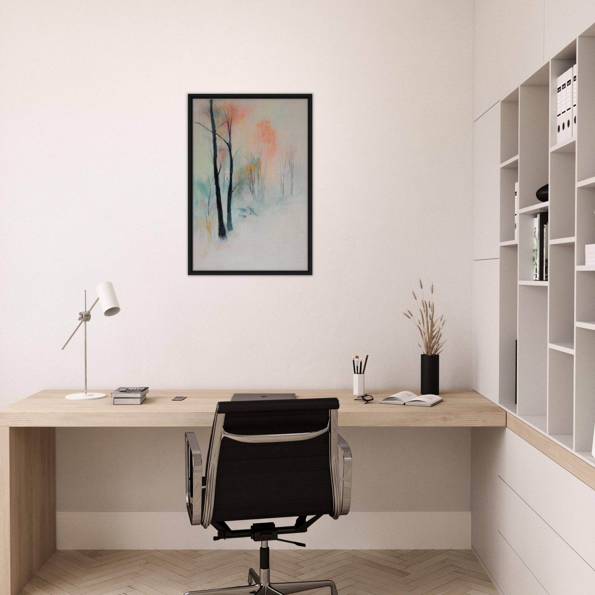 Minimalist wooden desk and black office chair in Dreamwave Forest Gossamer home office