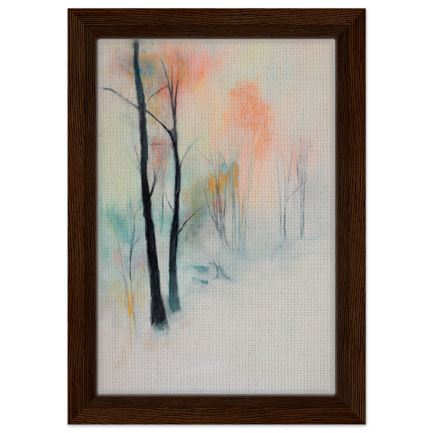 Abstract painting of trees in pastel colors, framed in dark wood, Dreamwave Forest Gossamer