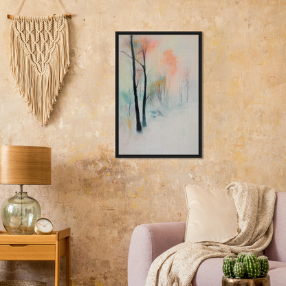 Framed watercolor painting of bare trees in a misty landscape by Dreamwave Forest Gossamer