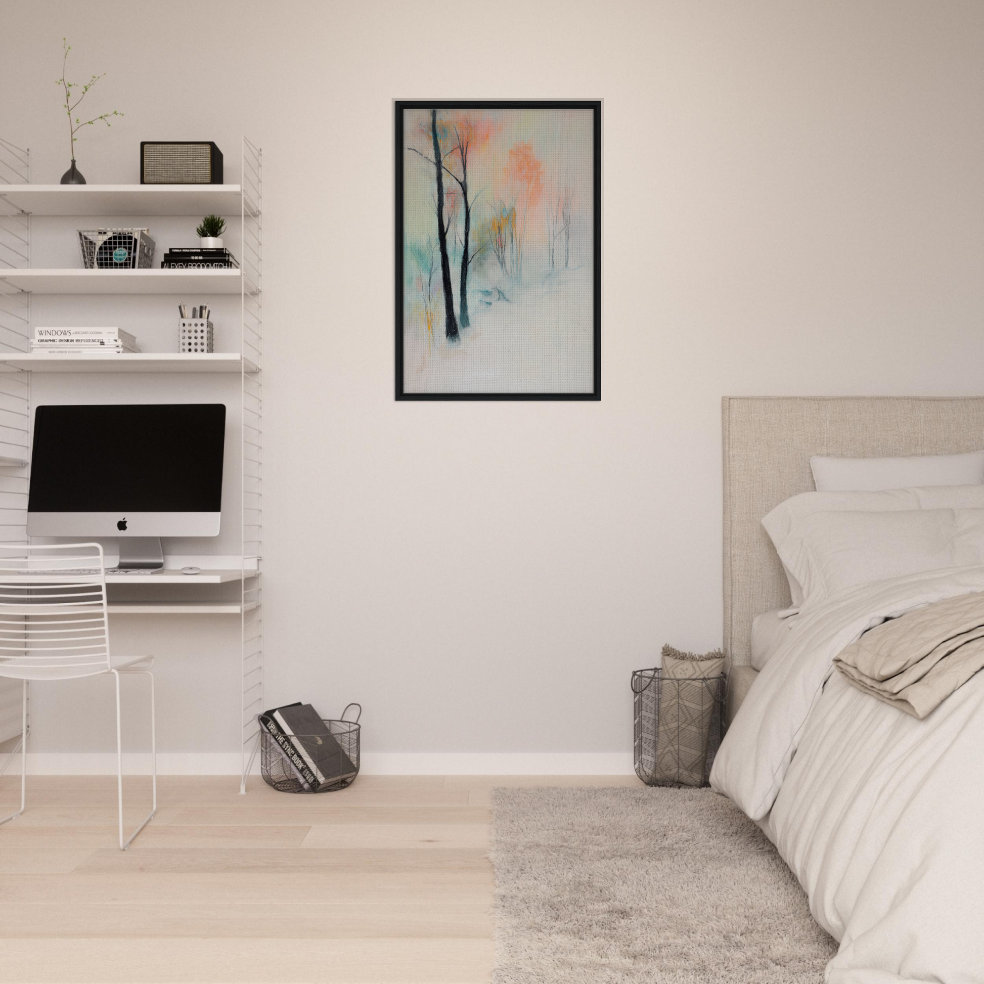 Minimalist bedroom with Dreamwave Forest Gossamer artwork enhancing room decor