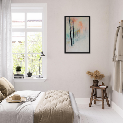 Bright, airy bedroom featuring Dreamwave Forest Gossamer framed canvas print and natural light