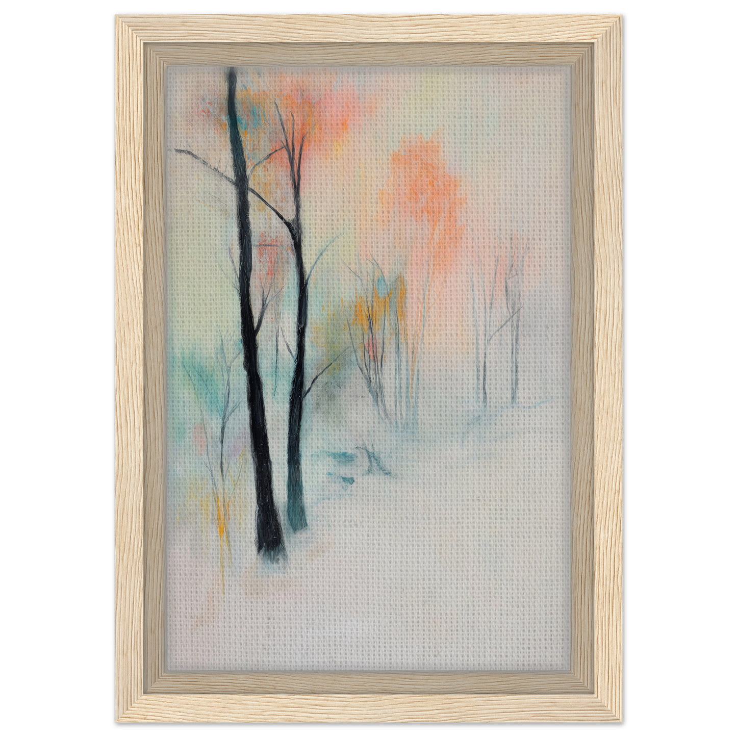 Abstract painting of bare trees in muted pastels for Dreamwave Forest Gossamer framed canvas print