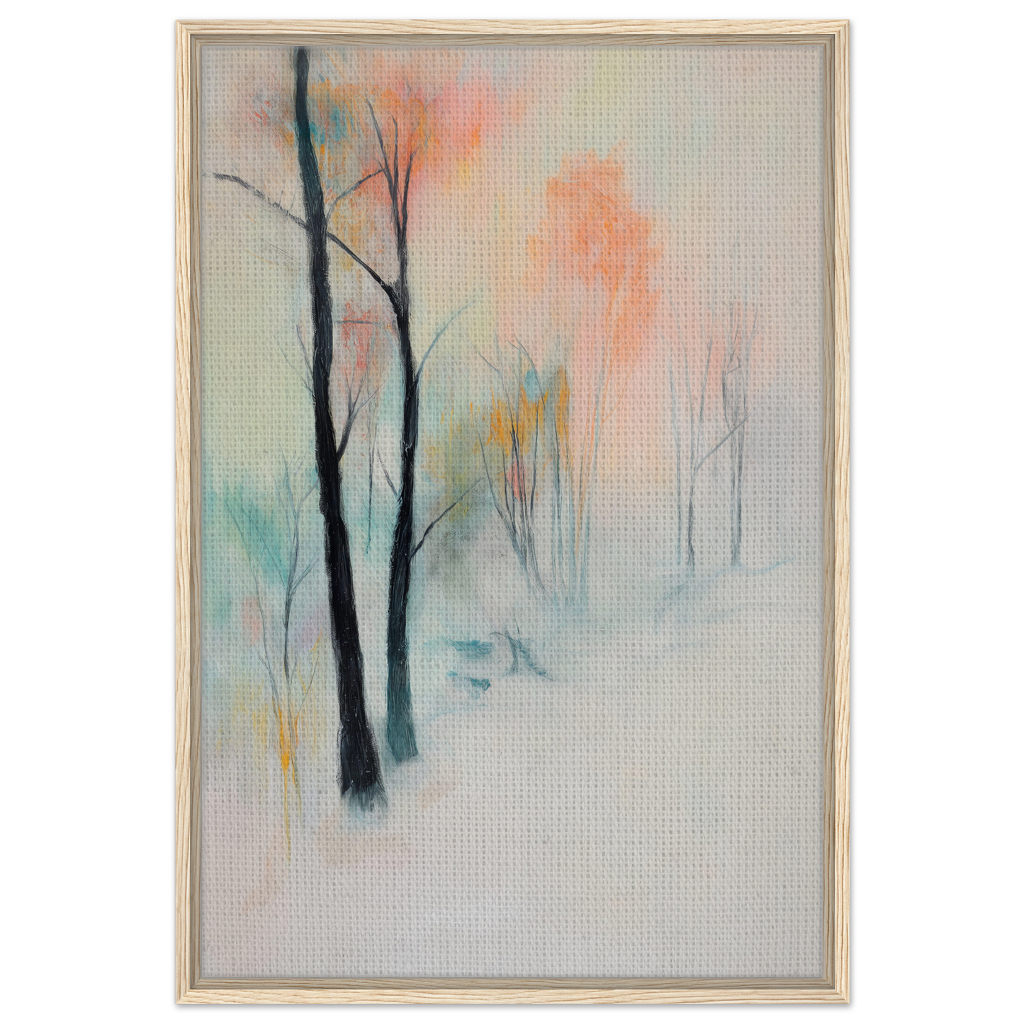 Abstract painting of trees in muted pastels for Dreamwave Forest Gossamer framed canvas print