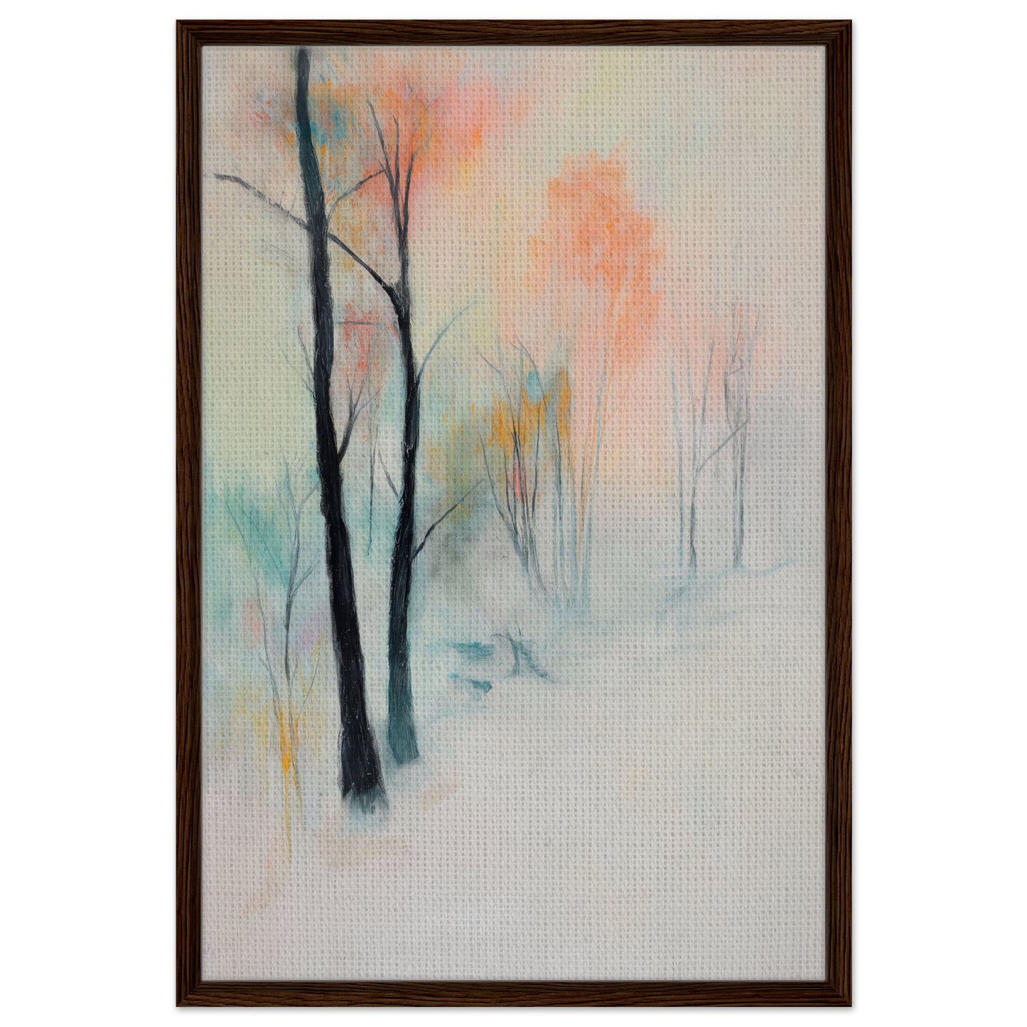 Abstract painting of trees in soft pastel colors for Dreamwave Forest Gossamer framed canvas print