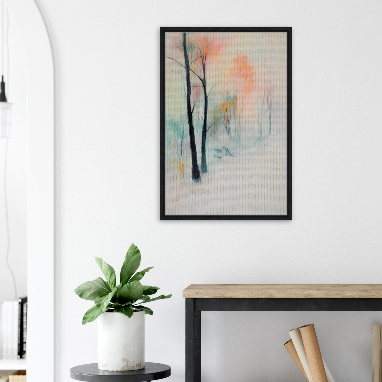 Framed abstract painting of misty trees in pastel colors from Dreamwave Forest Gossamer