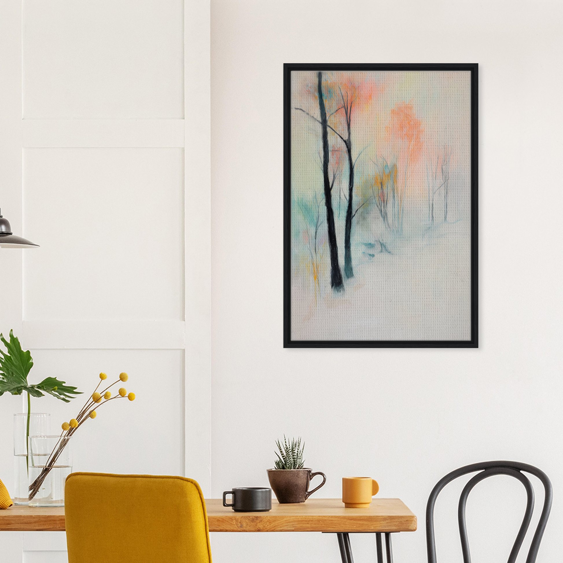 Abstract pastel watercolor of trees in black frame, ideal for Dreamwave Forest Gossamer room decor