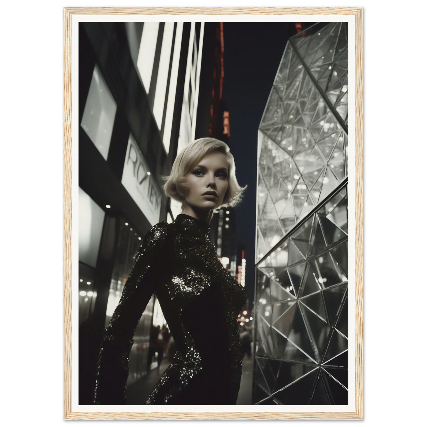 Woman in a sparkling black dress standing in an urban nighttime setting.