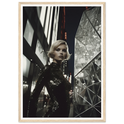 Woman in a sparkling black dress standing in an urban nighttime setting.