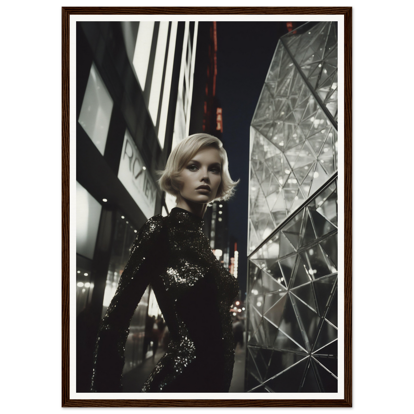 Woman in a sparkling black dress standing in an urban nighttime setting.