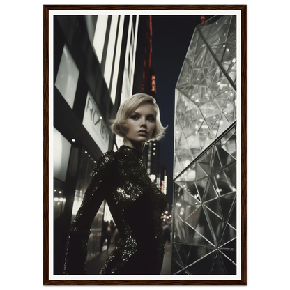 Woman in a sparkling black dress standing in an urban nighttime setting.