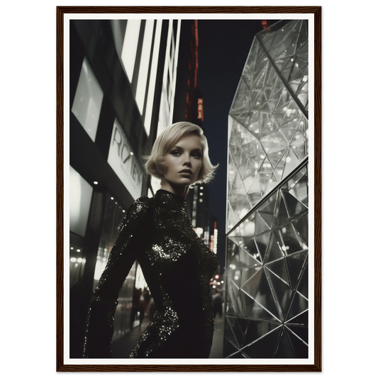 Woman in a sparkling black dress standing in an urban nighttime setting.