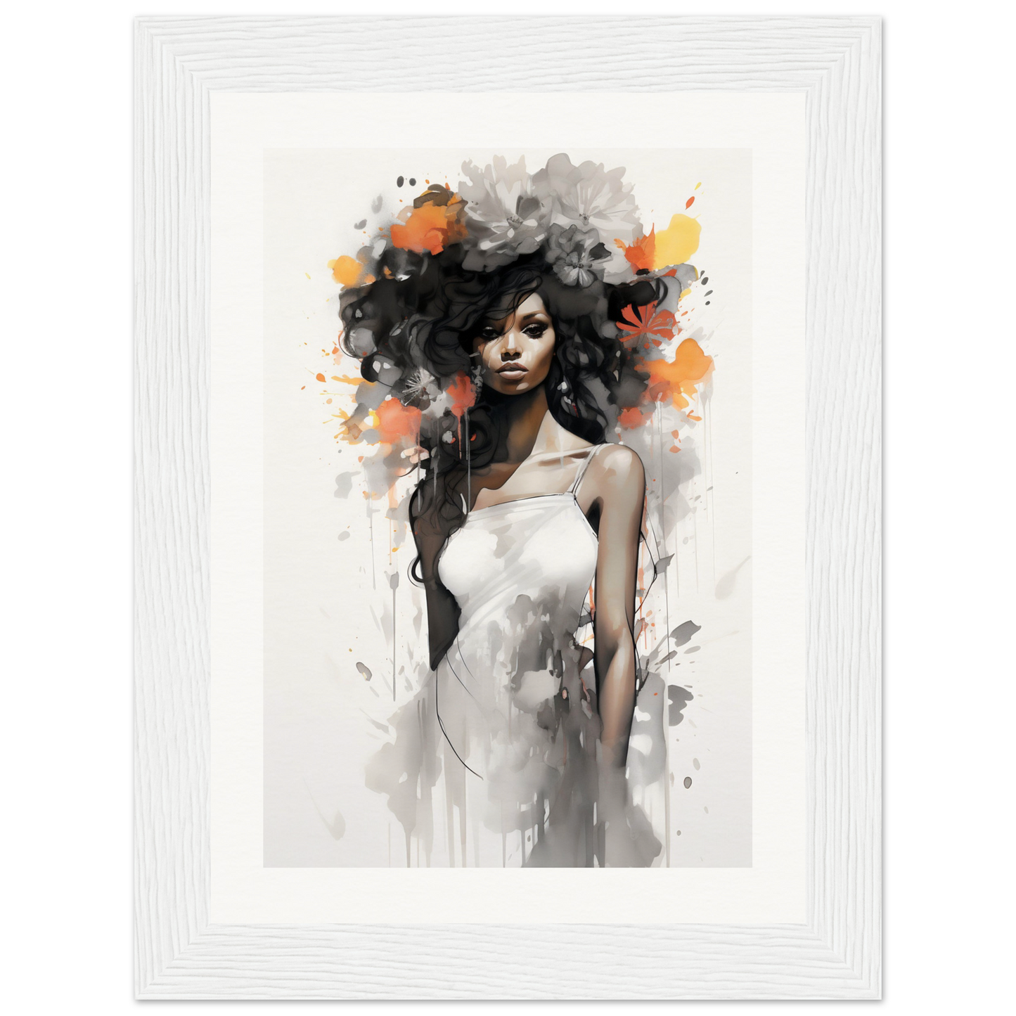 Artistic portrait of a woman with voluminous hair and a white dress, rendered in a watercolor and ink style with splashes of orange and black.