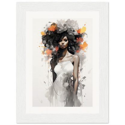 Artistic portrait of a woman with voluminous hair and a white dress, rendered in a watercolor and ink style with splashes of orange and black.