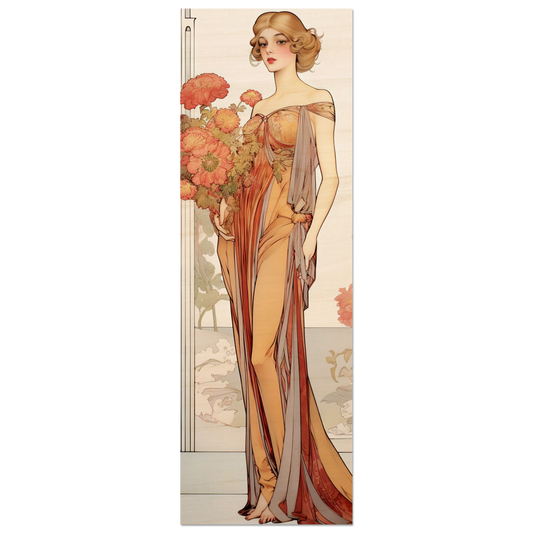 Elegant woman in a flowing Art Nouveau-style gown holding orange flowers.