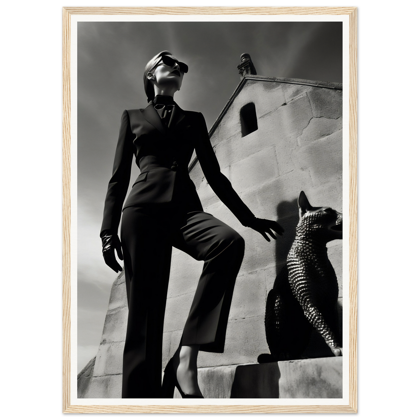 Woman in a tailored pantsuit striking a dramatic pose.