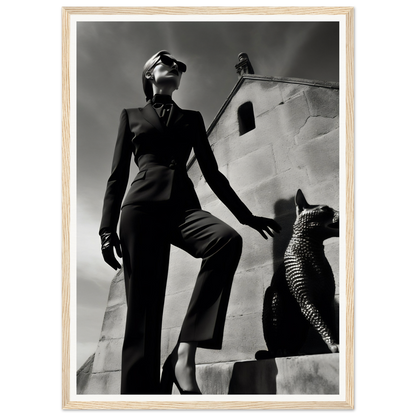 Woman in a tailored pantsuit striking a dramatic pose.