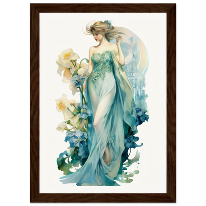 Ethereal female figure in a flowing teal gown surrounded by floral elements.