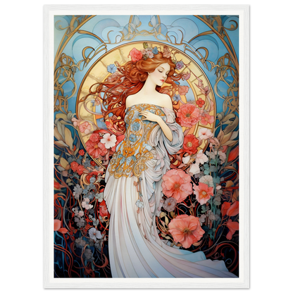 Art Nouveau-style painting of a woman with flowing red hair surrounded by floral motifs.