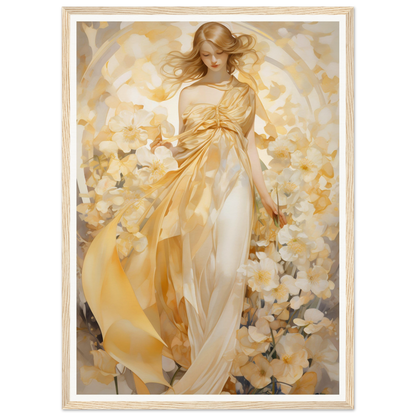 Ethereal female figure in flowing golden robes surrounded by soft light and floral elements.