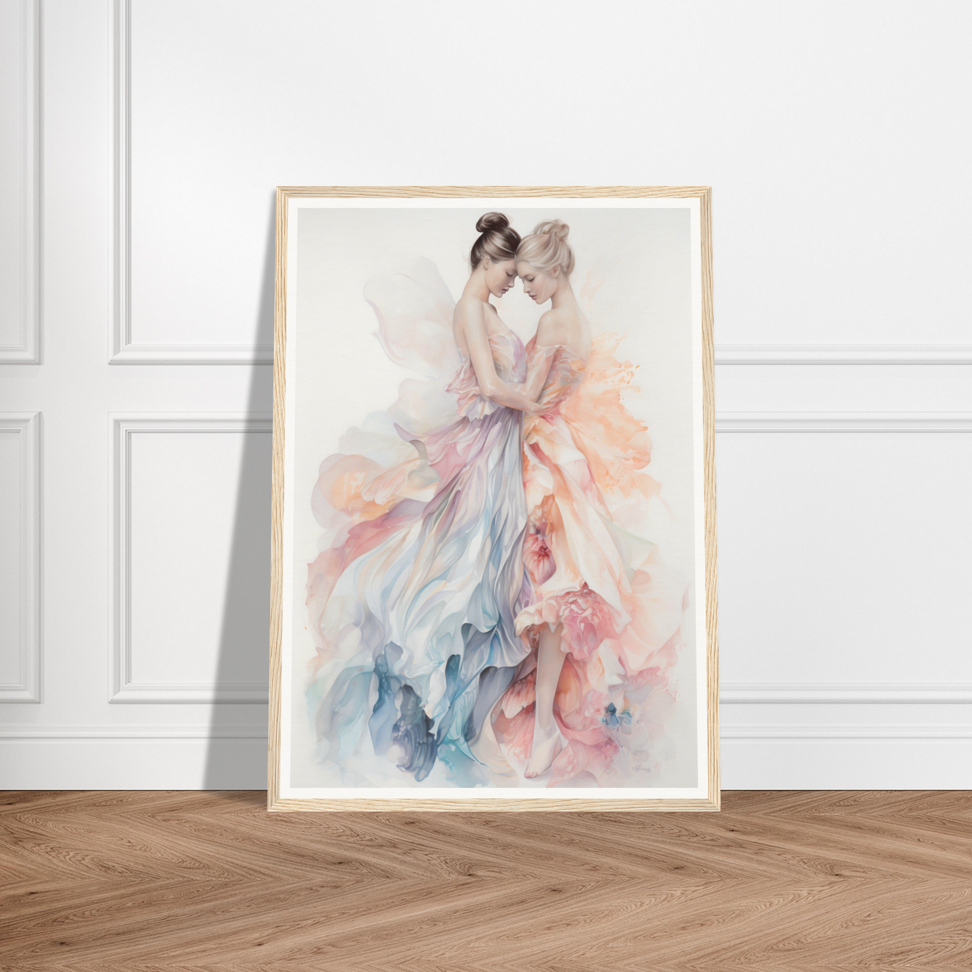 Framed watercolor painting of a ballerina in a flowing, colorful dress.