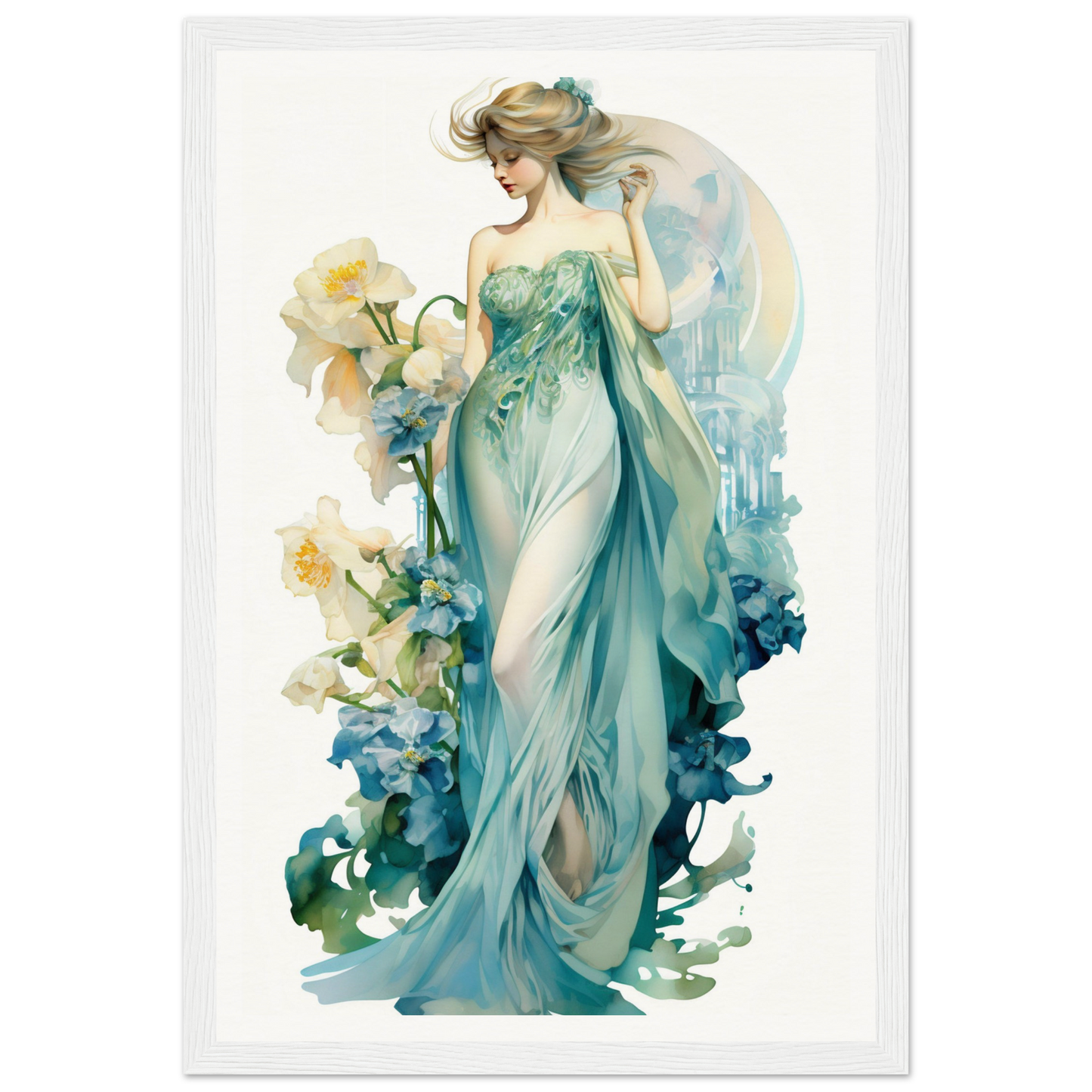 Elegant woman in a flowing teal gown surrounded by floral elements.