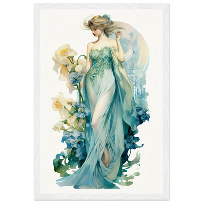 Elegant woman in a flowing teal gown surrounded by floral elements.