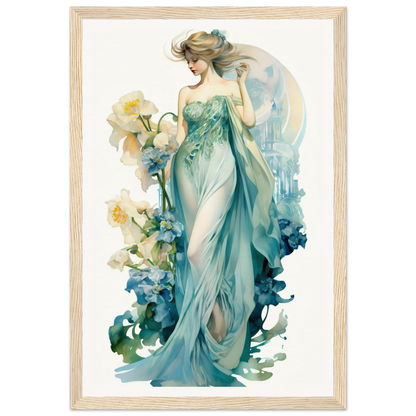 Elegant woman in a flowing teal gown surrounded by floral elements.