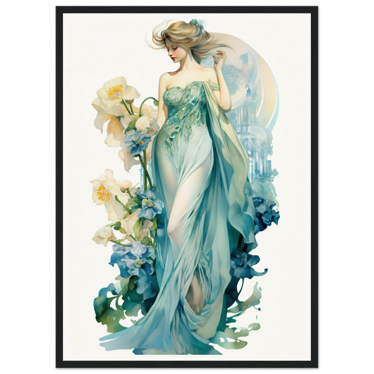 Elegant woman in a flowing teal gown surrounded by floral elements.