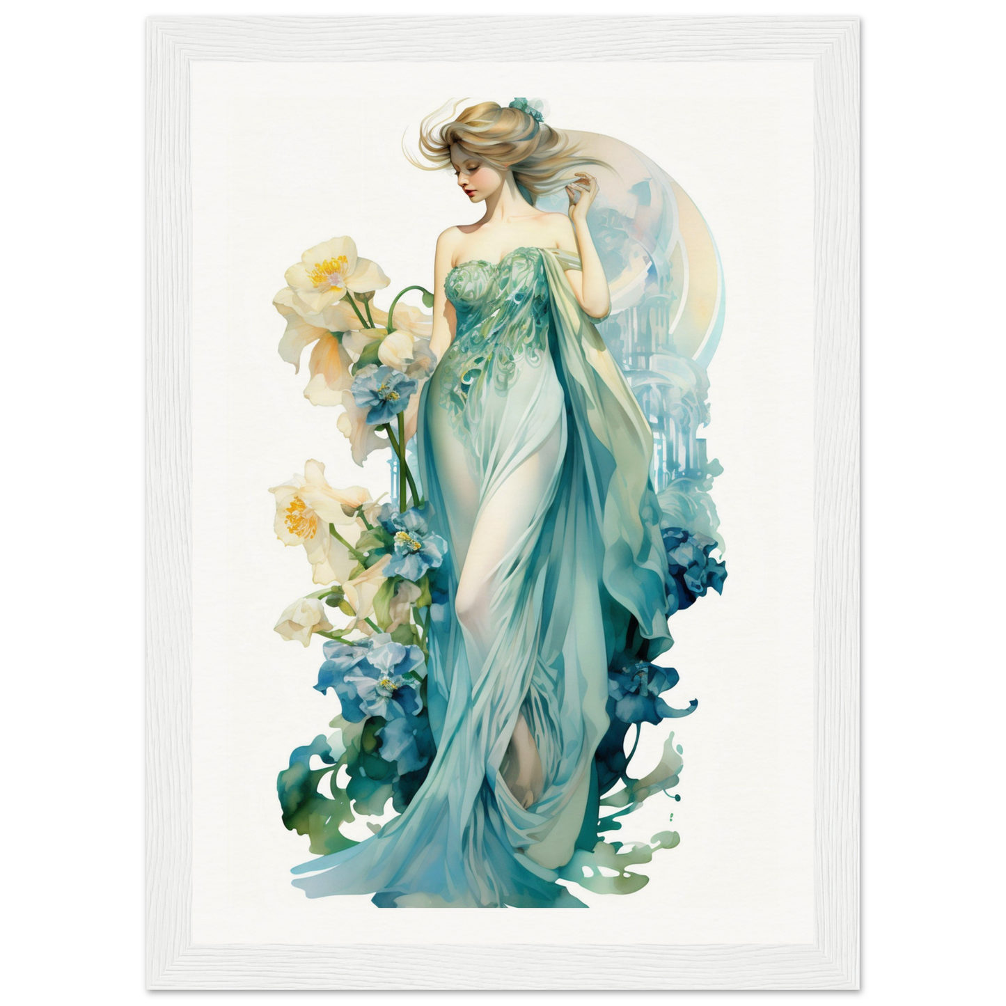 Ethereal female figure in a flowing teal gown surrounded by floral elements.