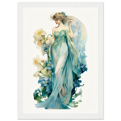 Ethereal female figure in a flowing teal gown surrounded by floral elements.