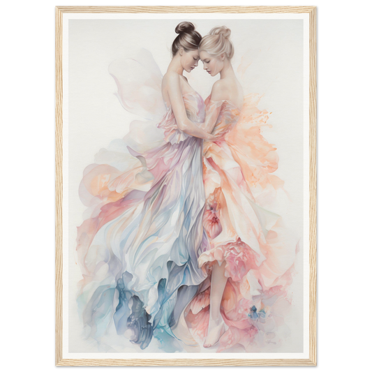 Watercolor painting of two ballet dancers in flowing pastel dresses.