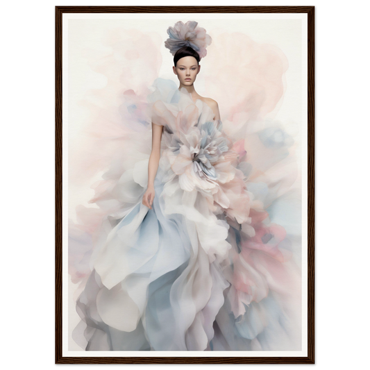 Ethereal fashion illustration of a figure in a flowing, pastel-colored gown with floral accents.