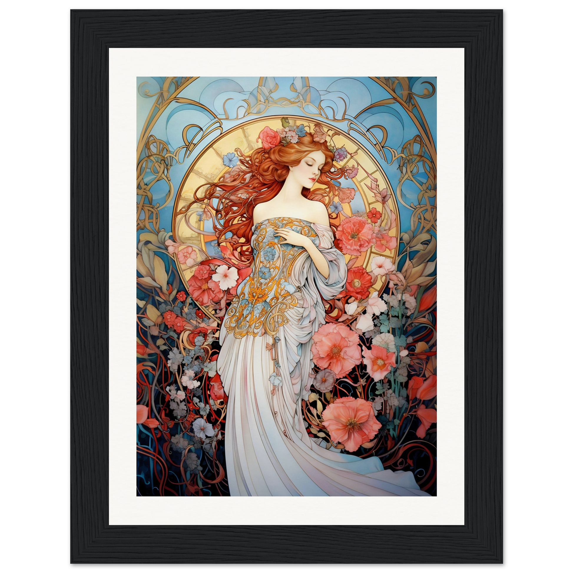 Art Nouveau-style painting of a woman with flowing red hair surrounded by floral motifs.