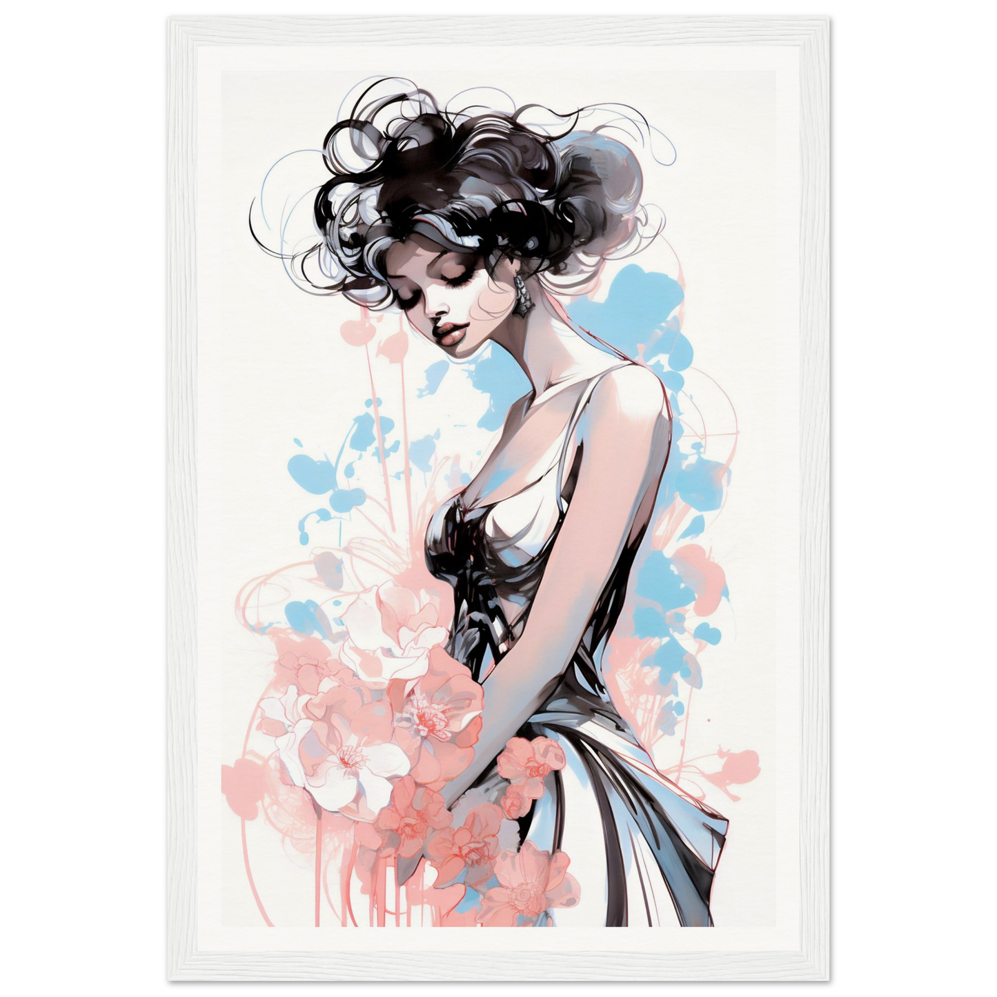 Stylized illustration of a woman with dark, curly hair in a flowing dress against a pastel watercolor background.