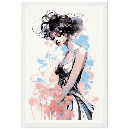 Stylized illustration of a woman with dark, curly hair in a flowing dress against a pastel watercolor background.