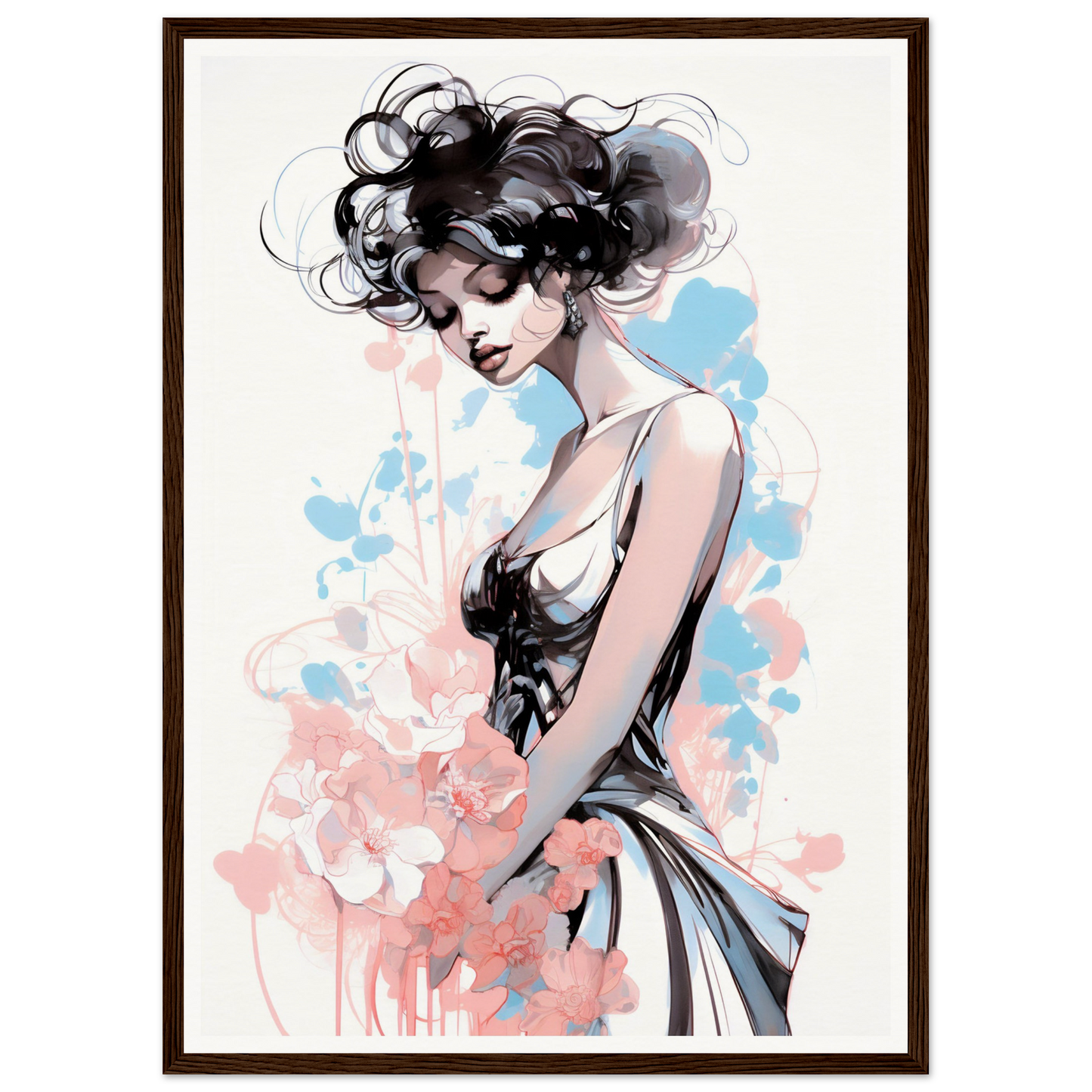 Stylized illustration of a woman with flowing dark hair and a delicate dress against watercolor-like splashes.