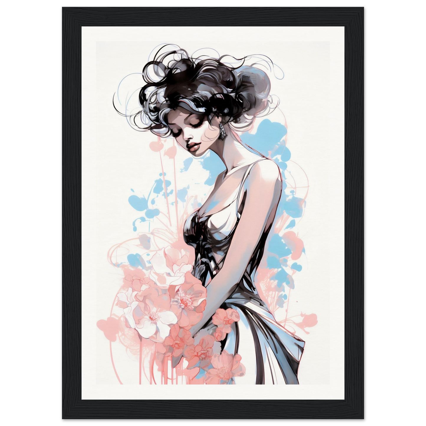 Stylized illustration of a woman with curly hair in a sleeveless dress against a watercolor background.