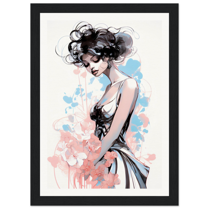 Stylized illustration of a woman with curly hair in a sleeveless dress against a watercolor background.