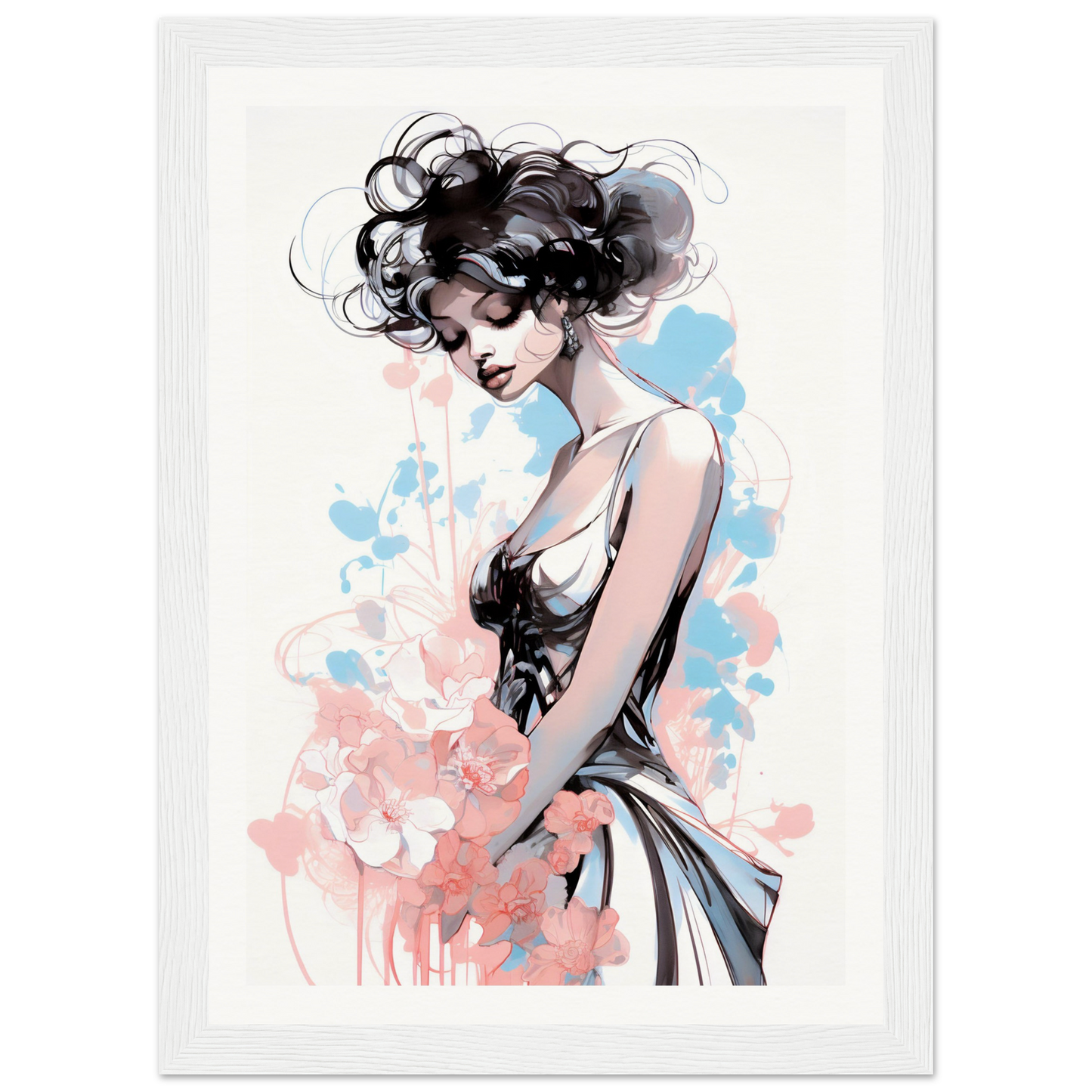 Stylized illustration of a woman with curly dark hair in a sleeveless dress against a pastel watercolor background.