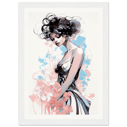 Stylized illustration of a woman with curly dark hair in a sleeveless dress against a pastel watercolor background.