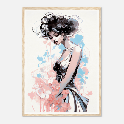 Stylized illustration of a woman with dark curly hair in an elegant pose against a watercolor-like background.